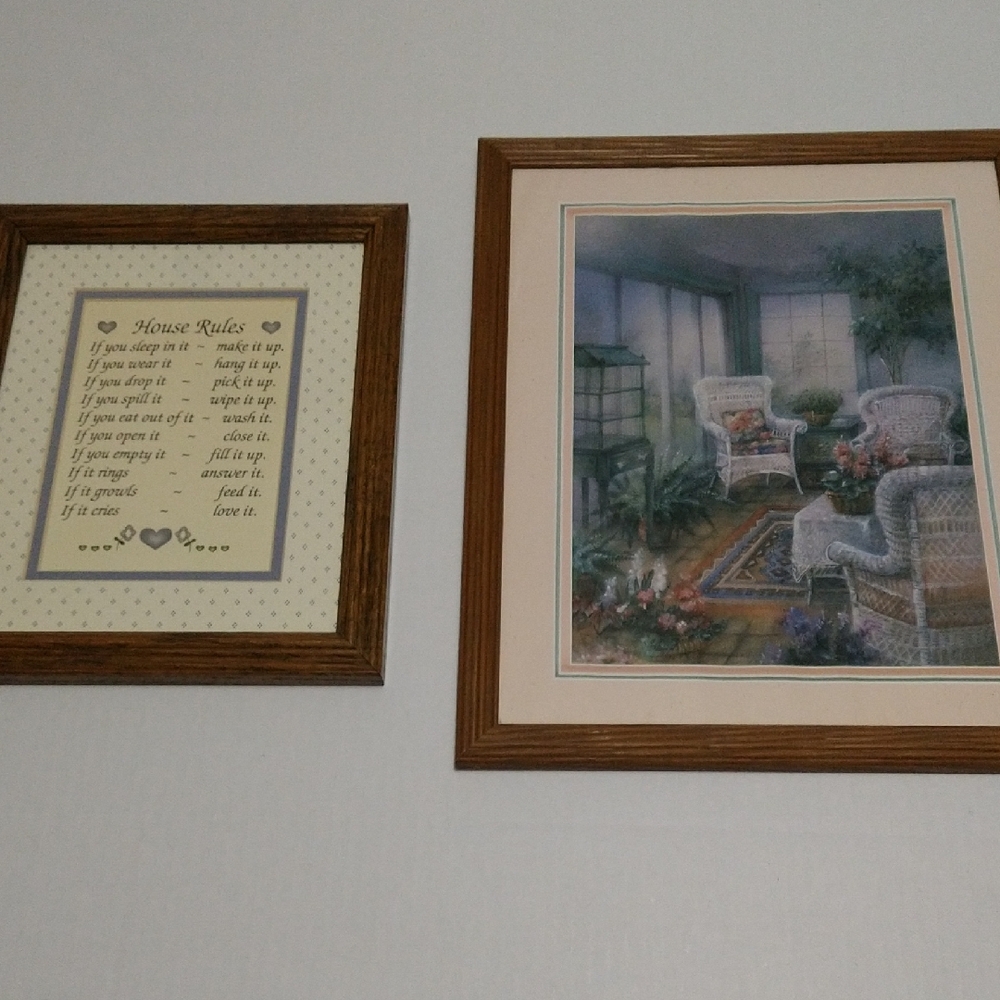 Framed Wall Art Set with House Rules and Garden Scene
